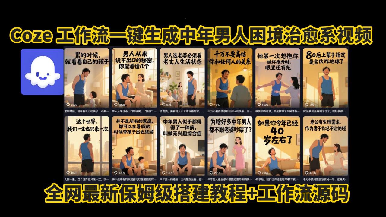 coze工作流一键生成，中年男人困境扎心高涨粉高播放量图文视频，保姆级拆解教程，无需剪辑，无需拍摄写文案智能体拆解教程
